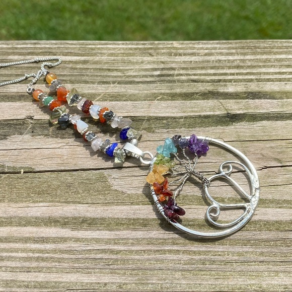 Genuine gemstone tree of life chakra necklace long 30” chain - Picture 3 of 12
